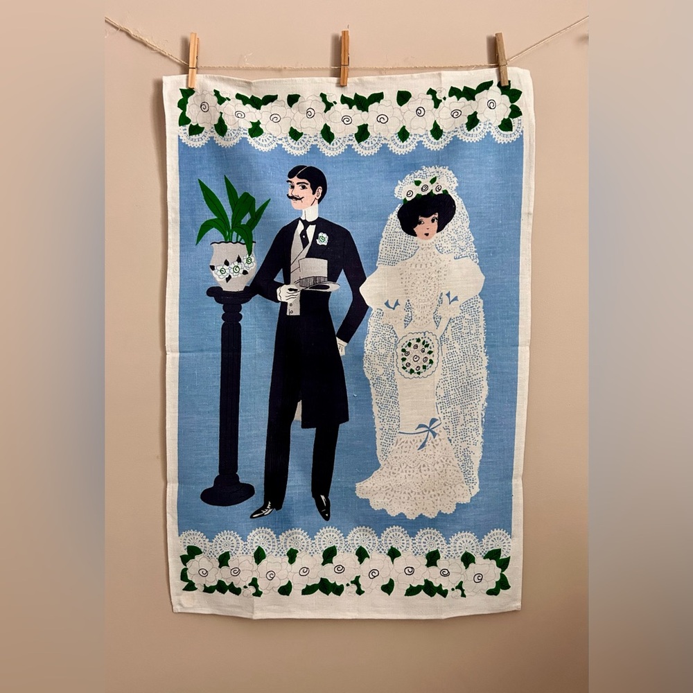 Vintage Linen Tea Towel Wedding Bride & Groom Unused Original Tag Folk Art